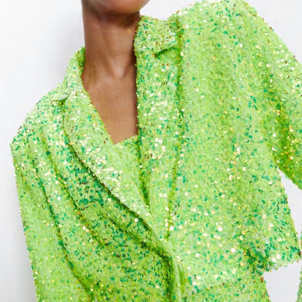 Premium Sequin Cropped Blazer - Lime Neon Green
